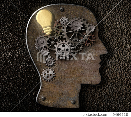 Brain mechanism made from metal cogs and gear with idea bulb lam Brain mechanism made from metal cogs and gear with idea bulb lam 9466318