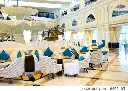 Lobby interior of the luxury hotel in night illumination, Ras Al 9466405