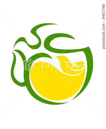 Very stylized cup of steaming tea with lemon 9467346