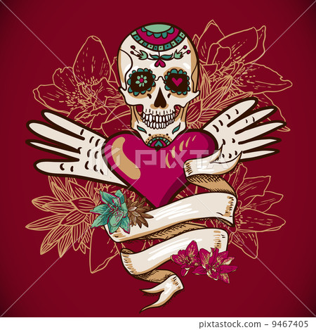 Skull, Hearts and Flowers Vector Illustration Skull, Hearts and Flowers Vector Illustration 9467405