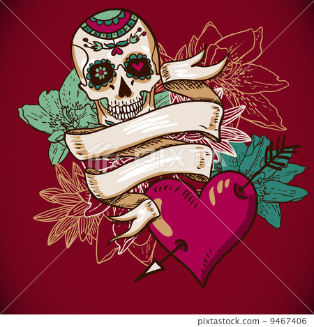 Skull, Hearts and Flowers Vector Illustration  9467406