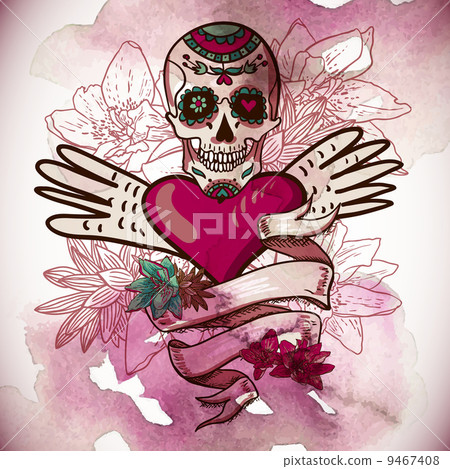 Skull, Hearts and Flowers Vector Illustration  9467408