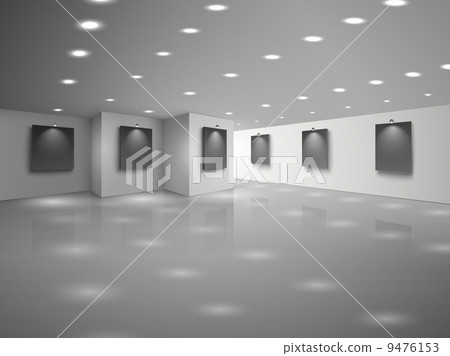 Empty white hall interior with blank black canvases 9476153