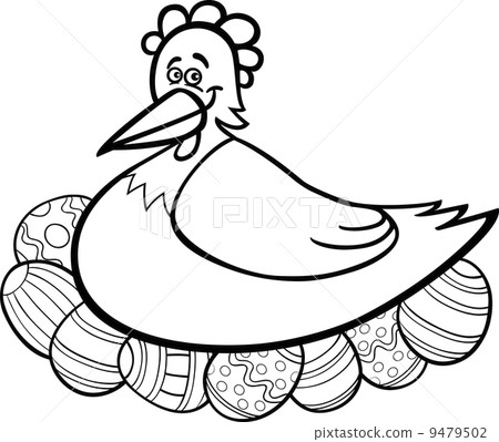 hen hatching easter eggs cartoon for coloring  stock