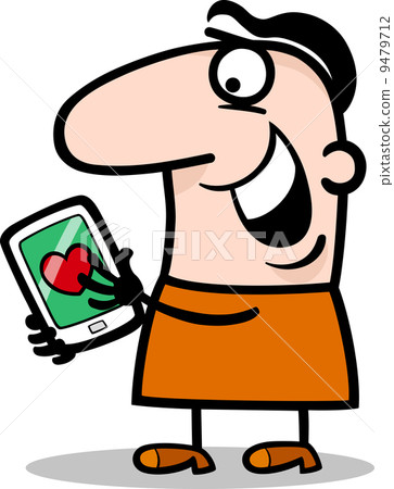 man with love message on tablet cartoon 9479712