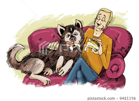 husky dog and his owner on sofa husky dog and his owner on sofa 9481156