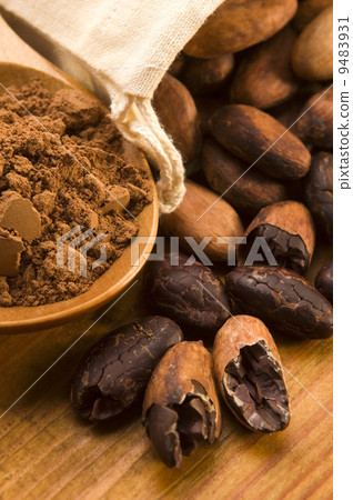 Cocoa (cacao) beans on natural wooden table Cocoa (cacao) beans on natural wooden table 9483931