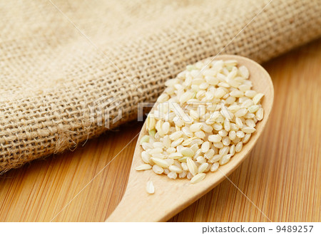 Uncooked rice on spoon Uncooked rice on spoon 9489257