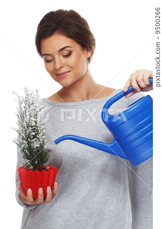 Beautiful brunette woman watering plant in red pot 9500266