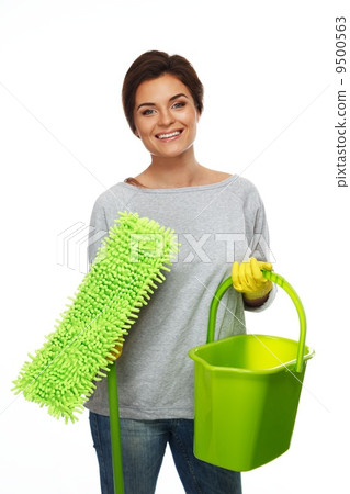 Beautiful cheerful brunette woman in gloves with mop and bucket 9500563