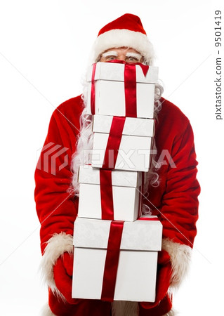 Santa Claus with gift boxes isolated on white background 9501419
