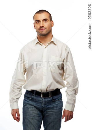 Handsome man in white shirt walking on white background Handsome man in white shirt walking on white background 9502208