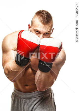 Handsome muscular young man wearing boxing gloves Handsome muscular young man wearing boxing gloves 9503526