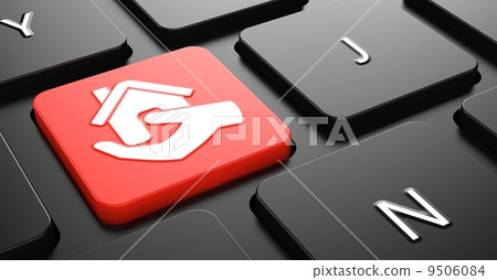 Home in Hand Icon on Red Keyboard Button. Home in Hand Icon on Red Keyboard Button. 9506084