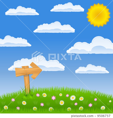 Green field with wooden arrow sign Green field with wooden arrow sign 9506737