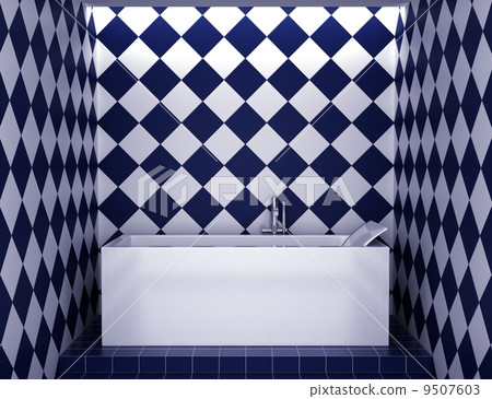 modern bathroom with blue and white tiles on wall 9507603