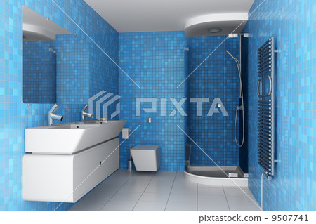 modern bathroom with blue tiles on wall and white equipment 9507741