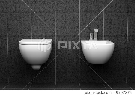 modern toilet with black tiles on wall 9507875