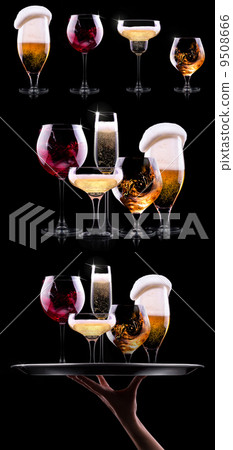 set with different drinks on black background set with different drinks on black background 9508666