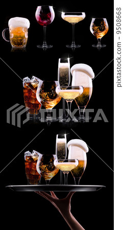 set with different drinks on black background set with different drinks on black background 9508668