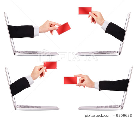 hand holding card with laptop hand holding card with laptop 9509628
