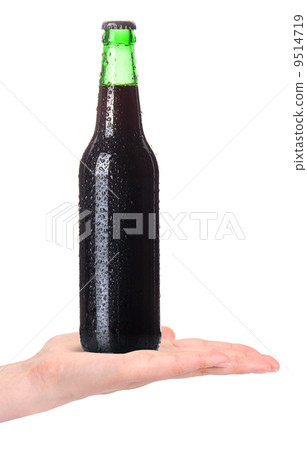 hand offering bottle of beer  in ice isolated 9514719