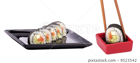 soy sauce  with sushi roll and chopsticks 9523542