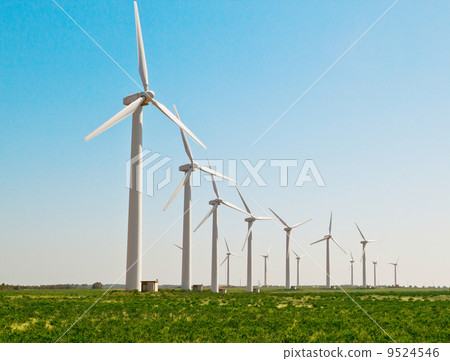 Green meadow with Wind turbines generating electricity Green meadow with Wind turbines generating electricity 9524546