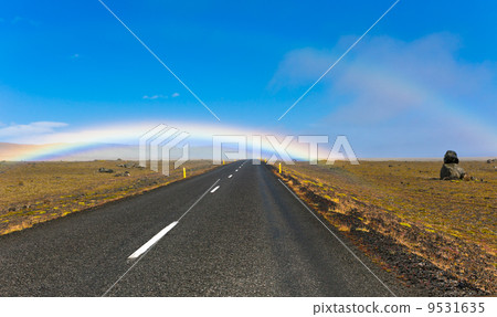 Icelandic Road Landscape with double rainbow 9531635