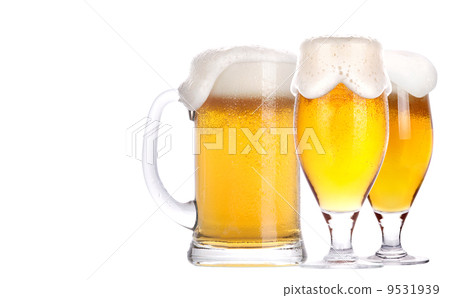 Frosty glass of light beer set isolated 9531939