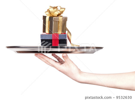hand and gift over white background 9532630
