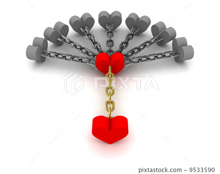 Seven gray hearts holding one red heart. Dependence on bad relations. Concept 3D illustration. 9533590