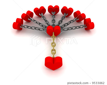 Seven hearts linked with one heart. Dependence on past relations. Concept 3D illustration. Seven hearts linked with one heart. Dependence on past relations. Concept 3D illustration. 9533862
