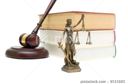 statue of justice, books and gavel on white background 9533885