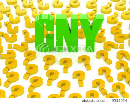 CNY sign surrounded by question marks. Concept 3D illustration. 9533954