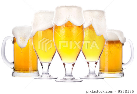 Frosty glass of light beer set isolated 9538156