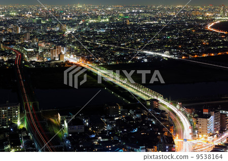 Night view and ruins around Ichikawa Bridge across the Edogawa River 9538164