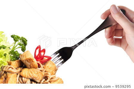 Noodles, meat, vegetables with hand and fork 9539295