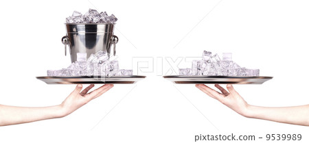 silver tray full of ice with hand 9539989