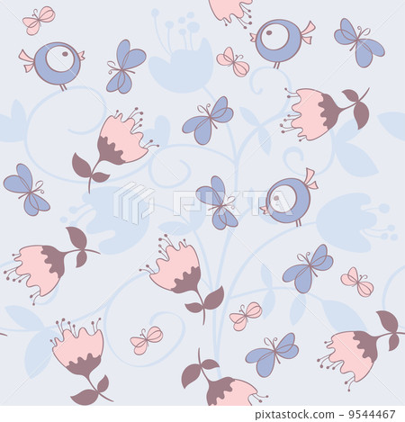 Seamless pattern with flowers and birds. Cute seamless. 9544467