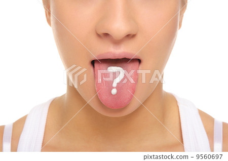 Woman puts out tongue with drawn question mark Woman puts out tongue with drawn question mark 9560697
