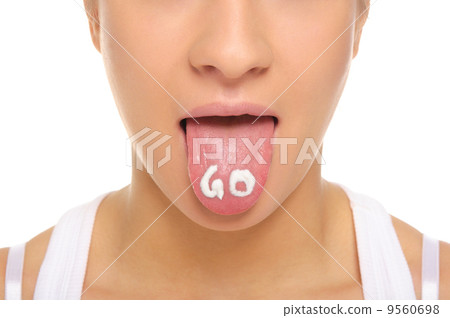 Woman puts out the tongue with an inscription go Woman puts out the tongue with an inscription go 9560698