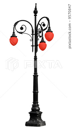 Vintage iron lamppost with red light isolated on white 9570847
