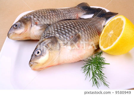 Two fresh carp on white plate with lemon Two fresh carp on white plate with lemon 9580949