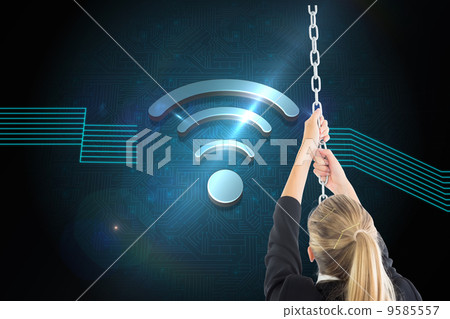 Composite image of businesswoman pulling a chain Composite image of businesswoman pulling a chain 9585557