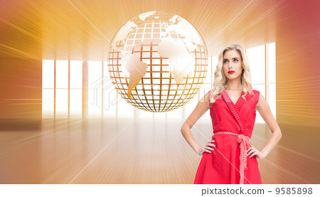 Composite image of elegant blonde standing hands on hips 9585898