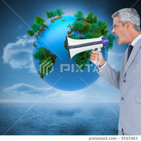 Composite image of businessman shouting in loudspeaker Composite image of businessman shouting in loudspeaker 9585963