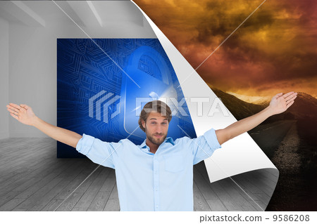 Composite image of handsome man raising hands 9586208