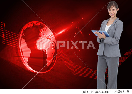 Composite image of smiling businesswoman with tablet computer Composite image of smiling businesswoman with tablet computer 9586239
