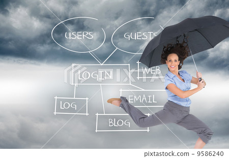 Composite image of happy classy businesswoman jumping while hold Composite image of happy classy businesswoman jumping while hold 9586240